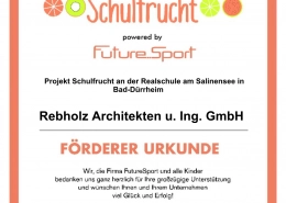 Förderer Urkunde Schulfrucht für Rebholz Architekten u. Ing. GmbH