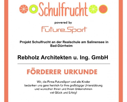 Förderer Urkunde Schulfrucht für Rebholz Architekten u. Ing. GmbH
